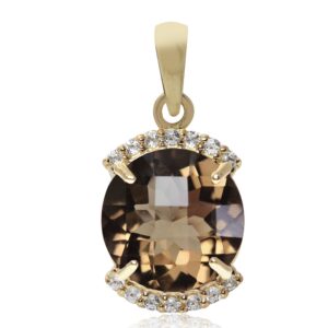 silvershake 4ct. 11mm natural round shape smoky quartz and topaz 14k yellow gold plated 925 sterling silver pendant