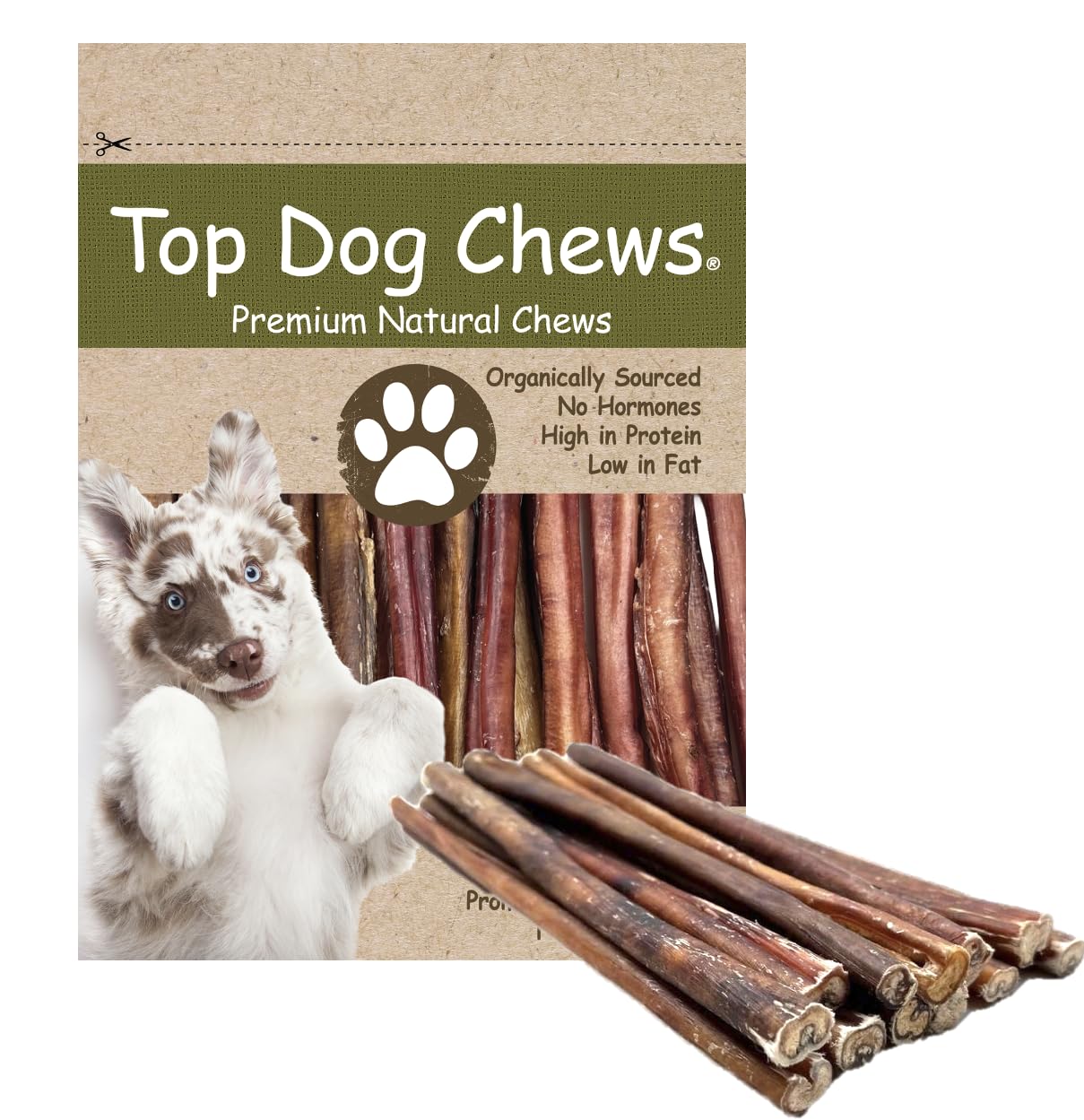 Top Dog Chews - 12 Inch Bully Sticks, 100% Natural Beef, Free Range, Grass Fed, High Protein, Supports Dental Health & Easily Digestible, Thick Dog Treat, 20 Pack