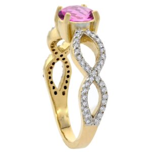 PIERA 10K Yellow Gold Natural Pink Topaz Ring Round 6mm Infinity Diamond Accents, size 6