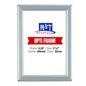 m&t displays opti snap poster frame 5x7 inch with back support silver 0.55" aluminum profile front loading photo picture document certificate sign holder mitered corner anti glare cover