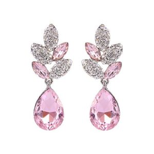 EVER FAITH Rhinestone Crystal Wedding Leaf Teardrop Pierced Dangle Earrings Pink Silver-Tone