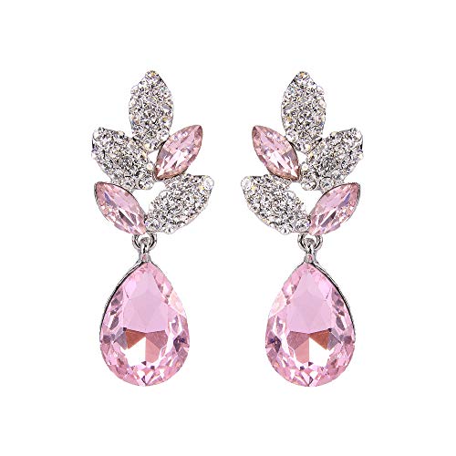 EVER FAITH Rhinestone Crystal Wedding Leaf Teardrop Pierced Dangle Earrings Pink Silver-Tone