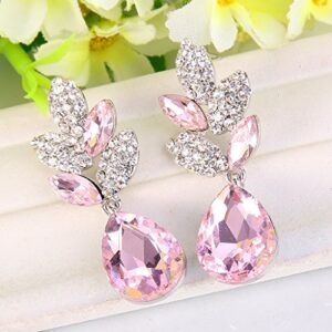 EVER FAITH Rhinestone Crystal Wedding Leaf Teardrop Pierced Dangle Earrings Pink Silver-Tone