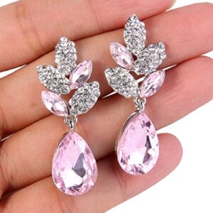 EVER FAITH Rhinestone Crystal Wedding Leaf Teardrop Pierced Dangle Earrings Pink Silver-Tone