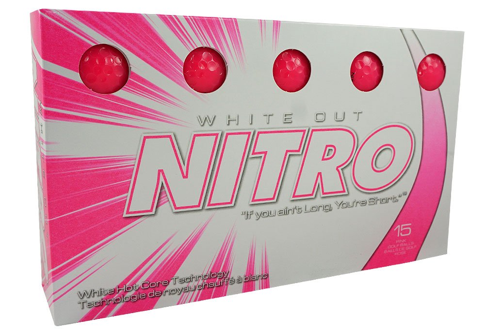 Nitro Long Distance Peak Performance Golf Balls (15PK) All Levels White Out 70 Compression High Velocity White Hot Core Long Distance Golf Balls USGA Approved-Total of 15-Hot Pink