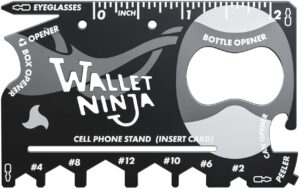 wallet ninja multitool card – 18 in 1 credit card multi-tool (bottle opener, can opener, screwdrivers, phone stand & more) – black