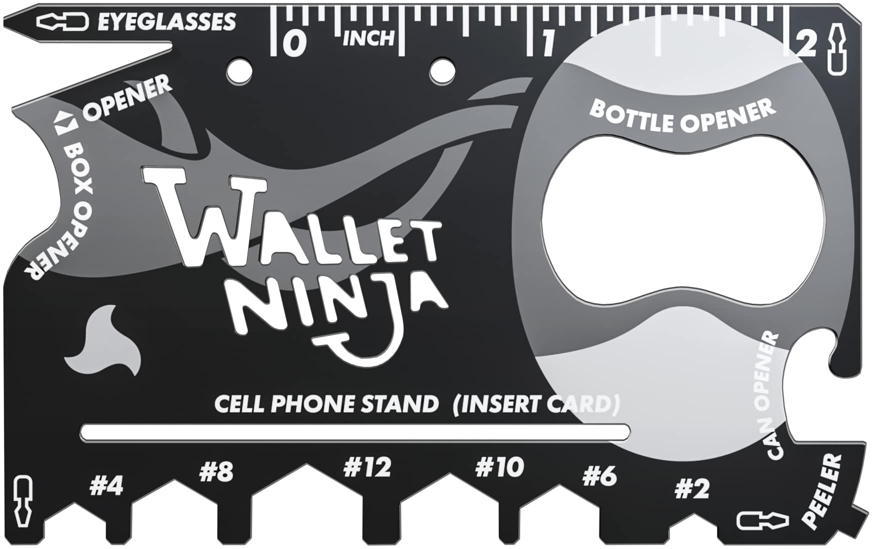 Wallet Ninja Multitool Card – 18 in 1 Credit Card Multi-Tool (Bottle Opener, Can Opener, Screwdrivers, Phone Stand & More) – Black