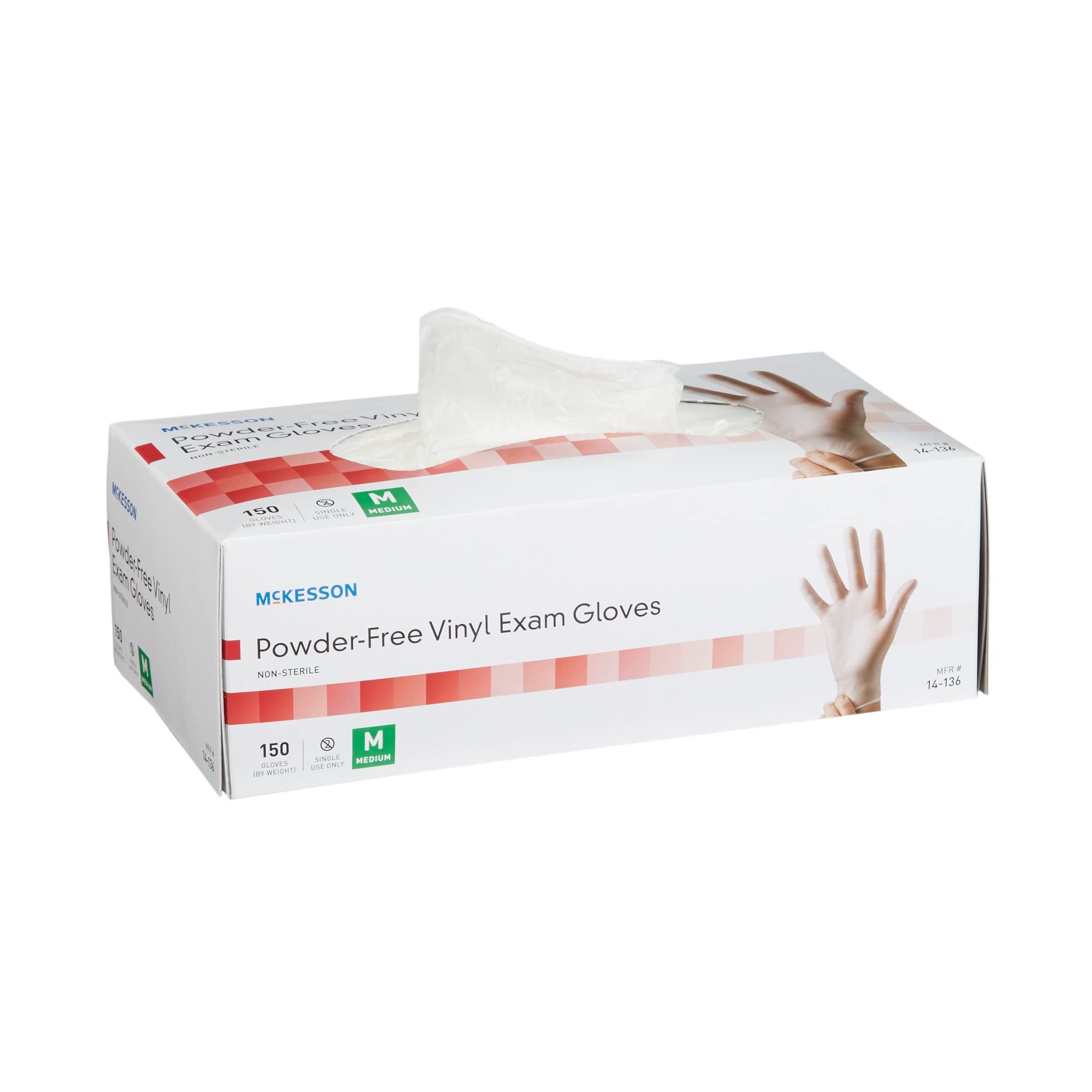 McKesson Powder-Free, Vinyl Exam Gloves, Non-Sterile, Medium, 150 Count, 10 Boxes, 1500 Total