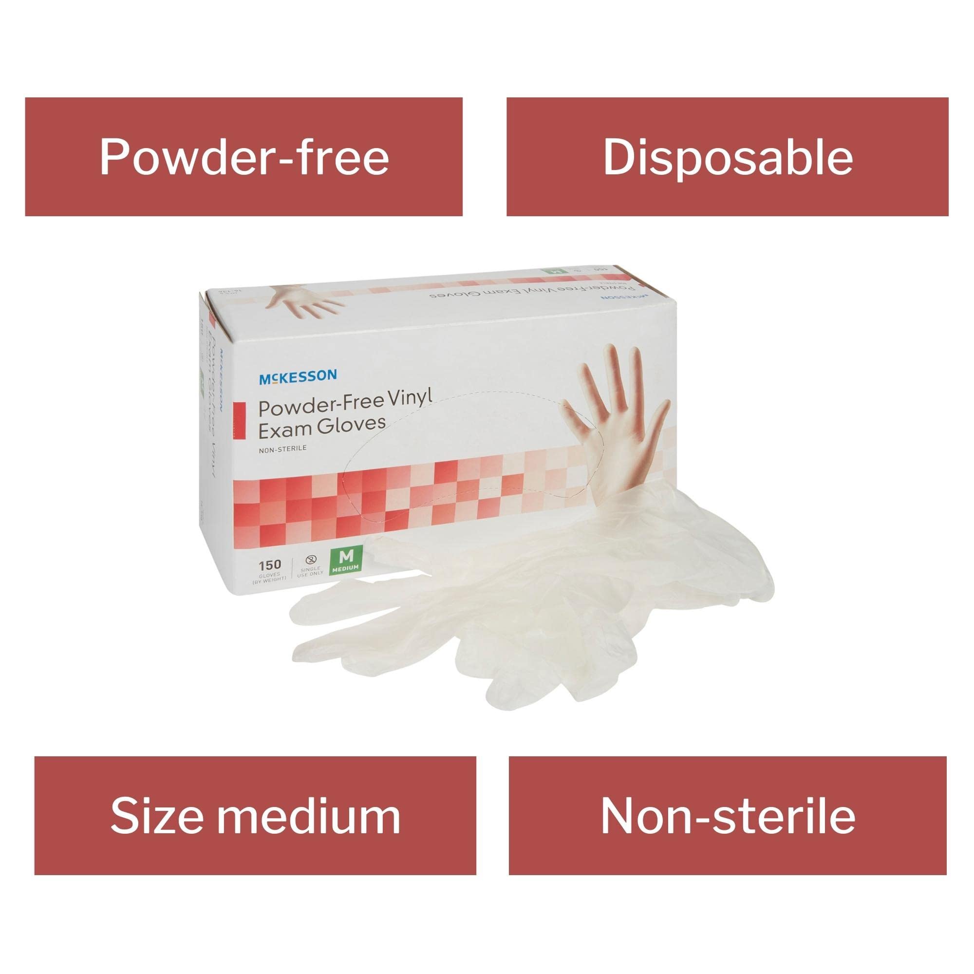 McKesson Powder-Free, Vinyl Exam Gloves, Non-Sterile, Medium, 150 Count, 10 Boxes, 1500 Total