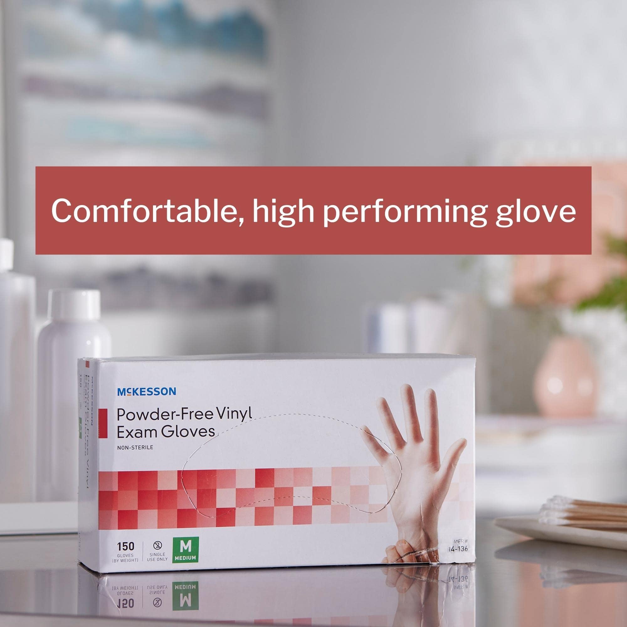 McKesson Powder-Free, Vinyl Exam Gloves, Non-Sterile, Medium, 150 Count, 10 Boxes, 1500 Total