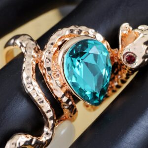 Rose Golden Tone Blue Teardrop Rhinestone Enhanced Slither Snake Statement Ring