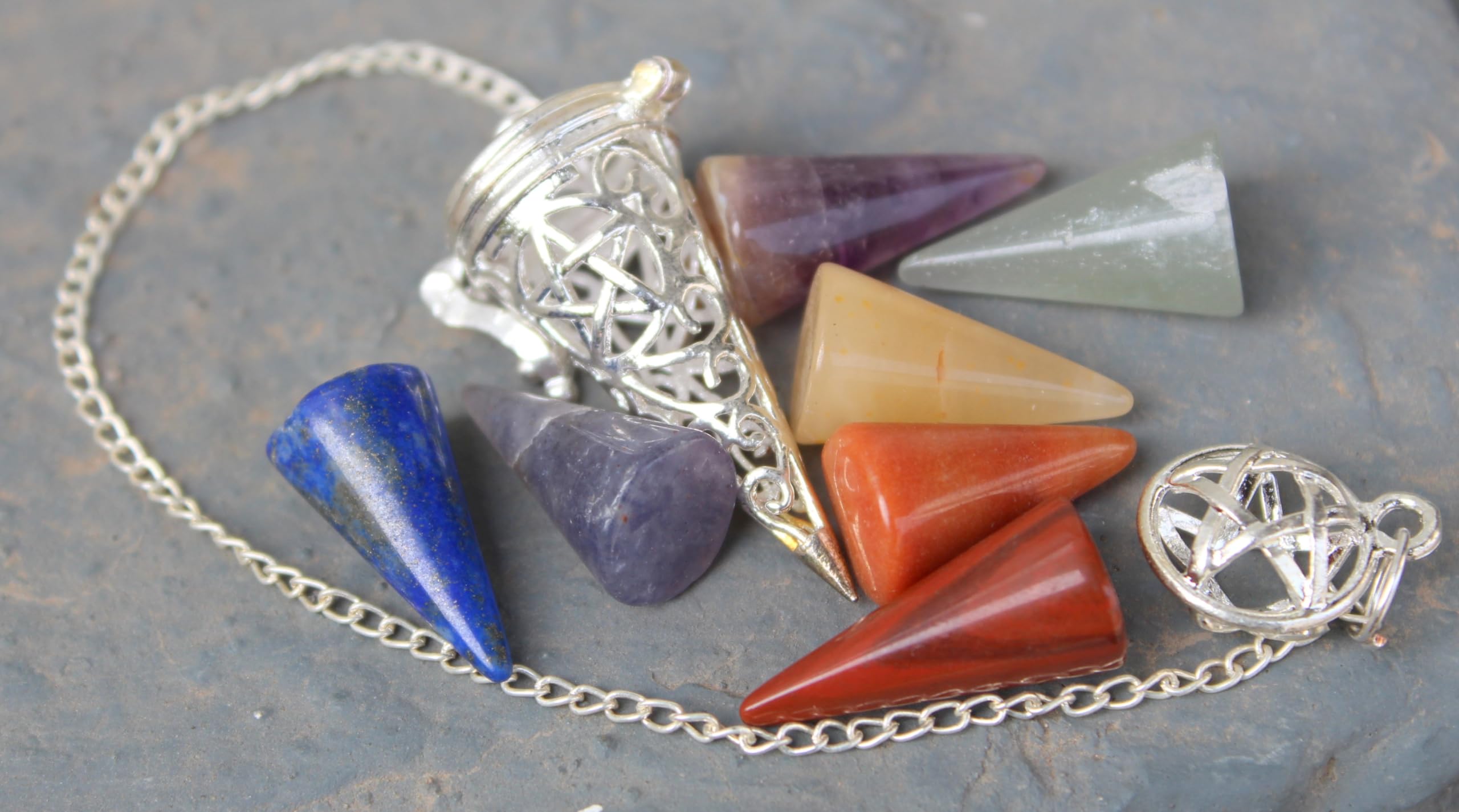 Jet International Jet Chakra Cage Pendulum 2" Free Booklet Crystal Therapy Interchangeable Chakra Cone Silver w/Pouch Divination Wicca Yes/No Pagan (Pentacle Star)