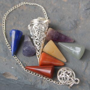 Jet International Jet Chakra Cage Pendulum 2" Free Booklet Crystal Therapy Interchangeable Chakra Cone Silver w/Pouch Divination Wicca Yes/No Pagan (Pentacle Star)