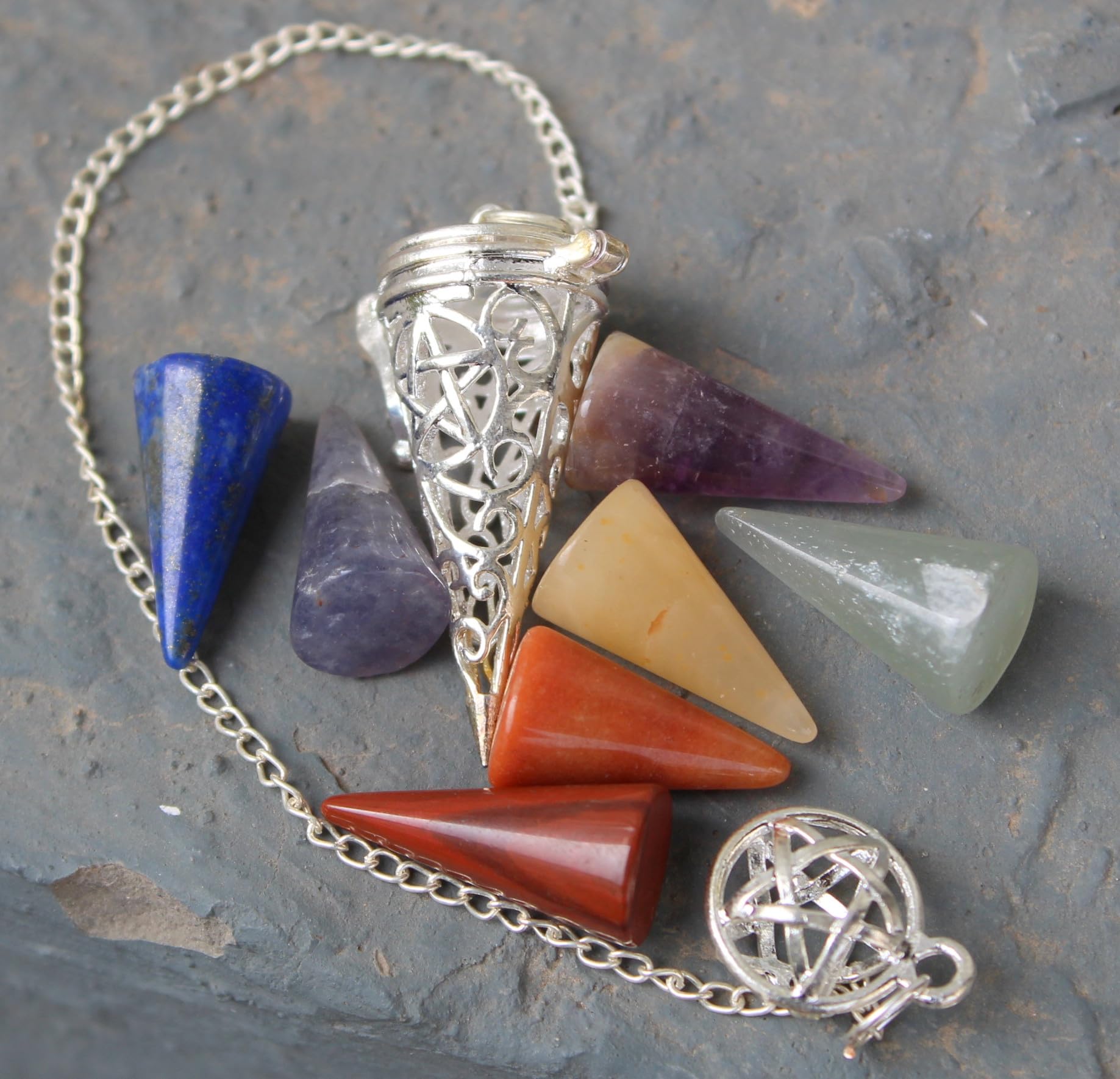 Jet International Jet Chakra Cage Pendulum 2" Free Booklet Crystal Therapy Interchangeable Chakra Cone Silver w/Pouch Divination Wicca Yes/No Pagan (Pentacle Star)