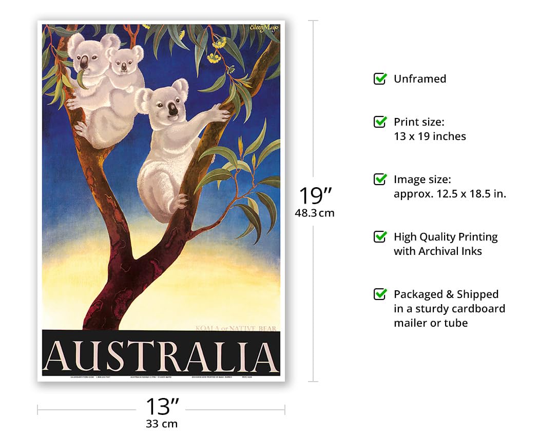 Australia - Koala Bears - Vintage Travel Poster by Eileen Mayo c.1956 - Master Art Print (Unframed) 13in x 19in