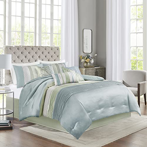 Madison Park Amherst Faux Silk Comforter Set-Casual Contemporary Design All Season Down Alternative Bedding, Matching Shams, Bedskirt, Decorative Pillows, King(104"x92"), Green, 7 Piece (MP10-847)