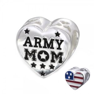 Army Mom Bead Charm USA Flag Heart Bead Sterling Silver (E10310)