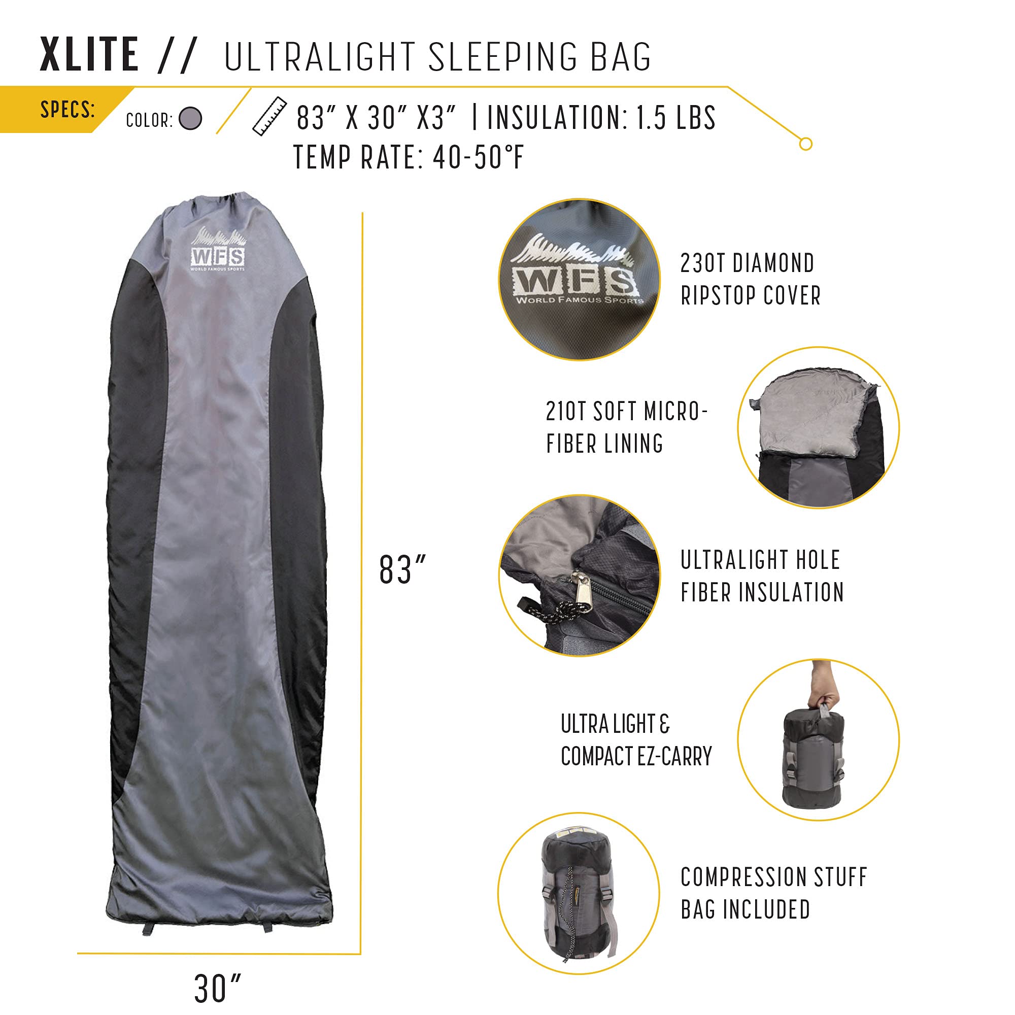 WFS Ultra Lite 40-50 Degree Sleeping Bag or Liner, Black/Grey