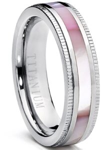 titanium women's pink hues mother of pearl inlaid band ring, comfort fit, 5mm size 9