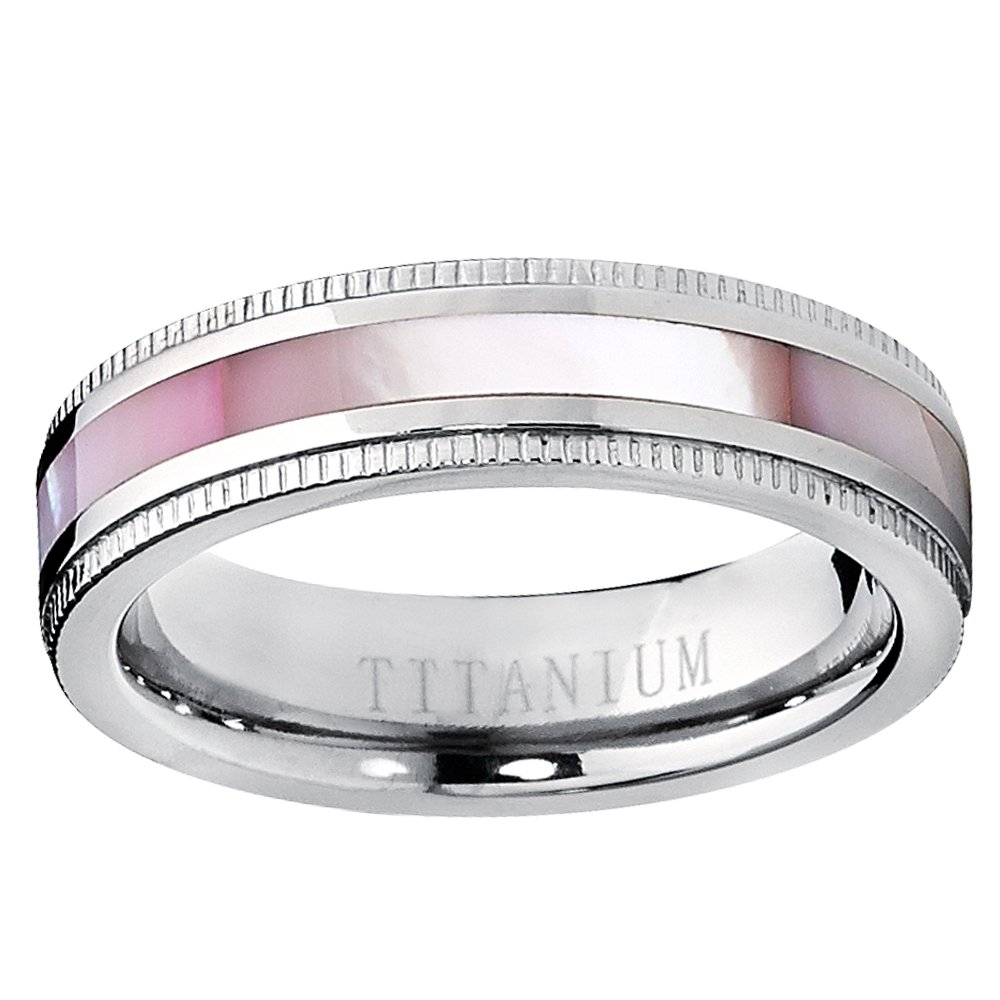 Titanium Women's Pink Hues Mother of Pearl Inlaid Band Ring, Comfort Fit, 5mm Size 9