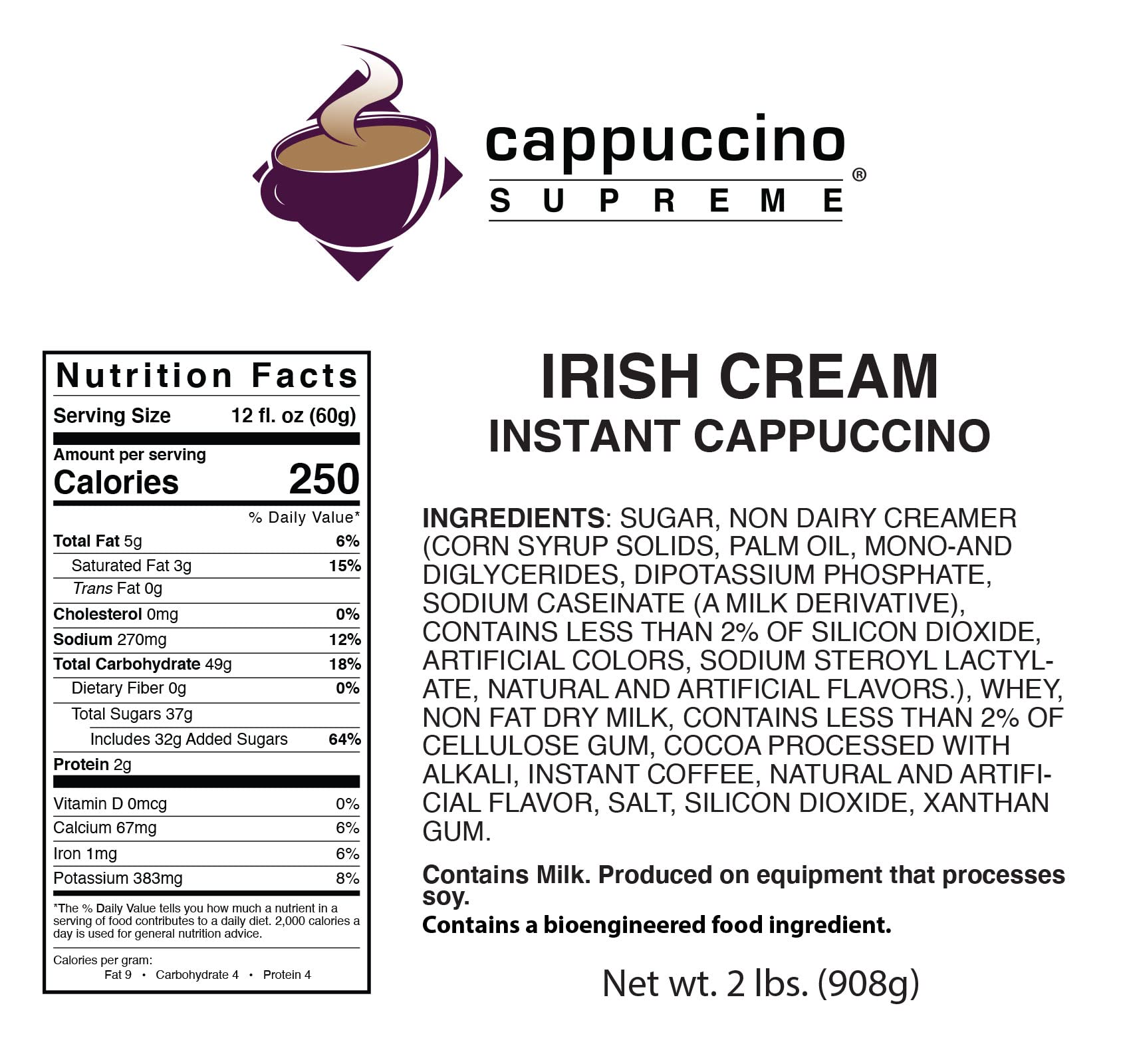 Cappuccino Supreme 2 lb bag Irish Cream Instant Cappuccino Mix