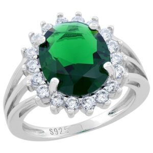 sterling silver oval emerald ring sunburst cz rhodium finish, 11/16 inch wide, size 6