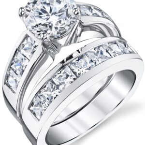 2 Carats Sterling Silver Bridal Set Cubic Zirconia Engagement Wedding Ring Bands with Round and Princess Cut