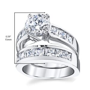 2 Carats Sterling Silver Bridal Set Cubic Zirconia Engagement Wedding Ring Bands with Round and Princess Cut