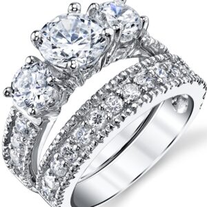 1.25 Carats Sterling Silver Past Present Future 2-Pc Bridal Set Cubic Zirconia Engagement Wedding Ring Band ( size 8)