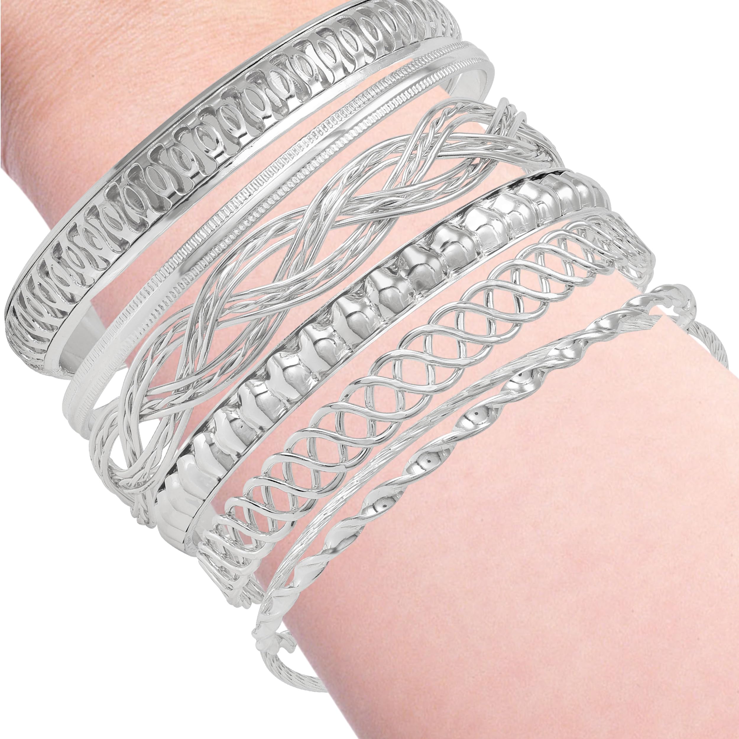 GUESS Silvertone 7-Piece Textured Bangle Bracelet Set