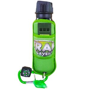 trail saver pepper spray for hiking, camping & frontiersman - police grade strength - safety package w/compass, led light, safety whistle, carabiner & heavy duty metal belt clip (green)