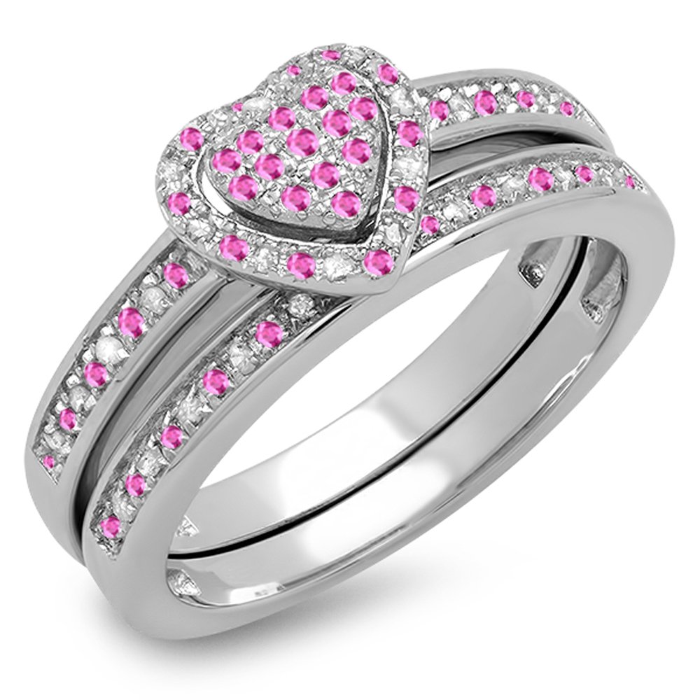 Dazzlingrock Collection Sterling Silver Pink Sapphire & White Diamond Heart Shaped Ring Set, Size 7.5