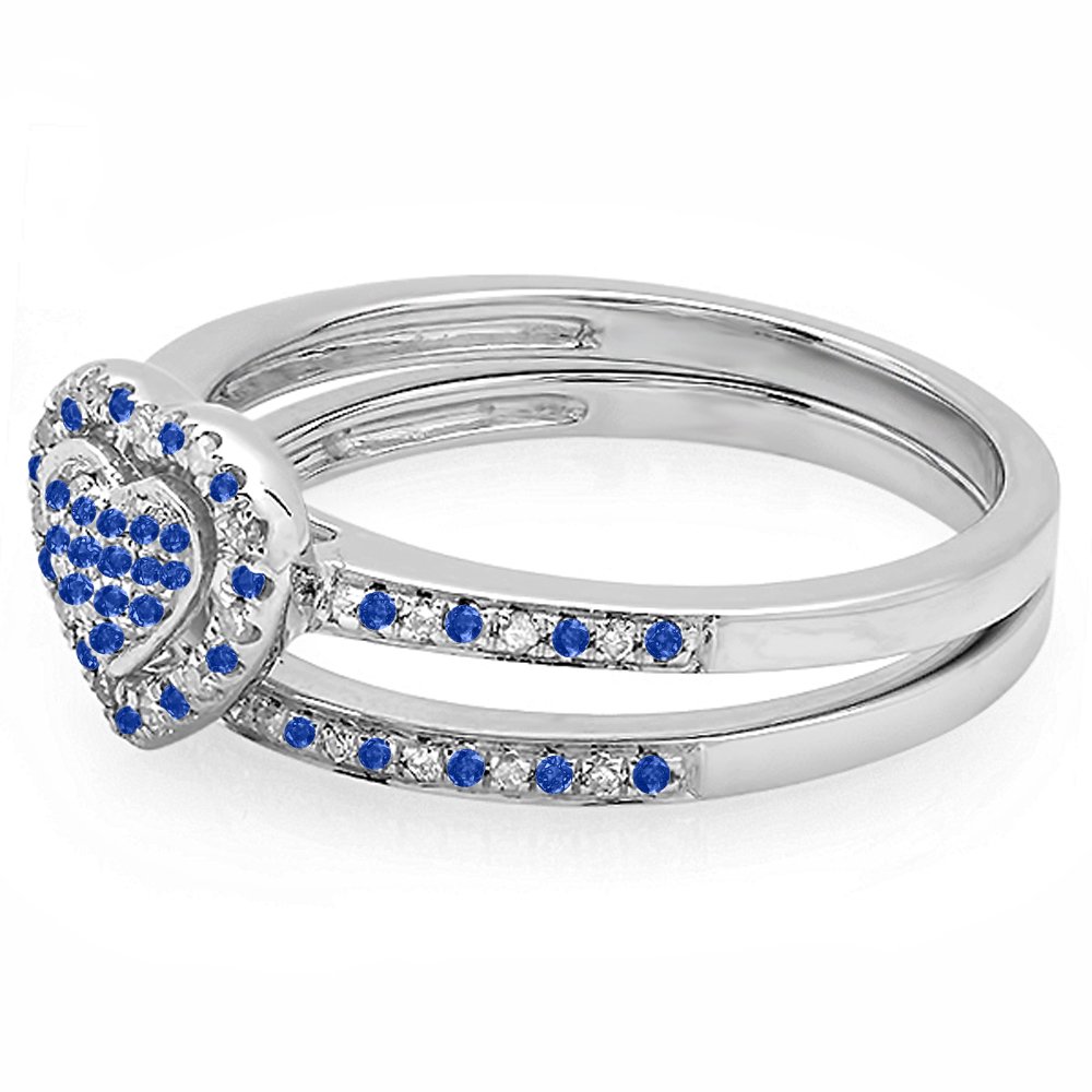 Dazzlingrock Collection Sterling Silver Blue Sapphire & White Diamond Heart Shaped Ring Set, Size 6