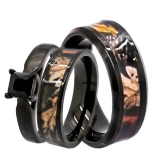 his & hers 1.25 ct natural genuine black spinel camo 3 pcs surgical stainless steel engagement wedding rings set