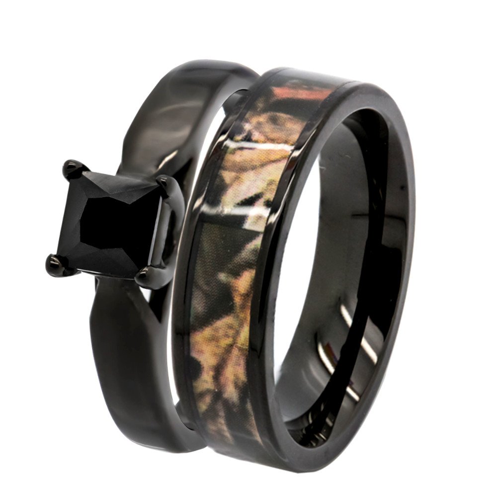 His & Hers 1.25 ct Natural Genuine Black Spinel Camo 3 pcs Surgical Stainless Steel Engagement Wedding Rings set