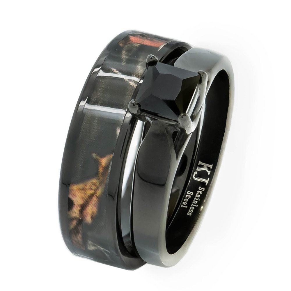 His & Hers 1.25 ct Natural Genuine Black Spinel Camo 3 pcs Surgical Stainless Steel Engagement Wedding Rings set