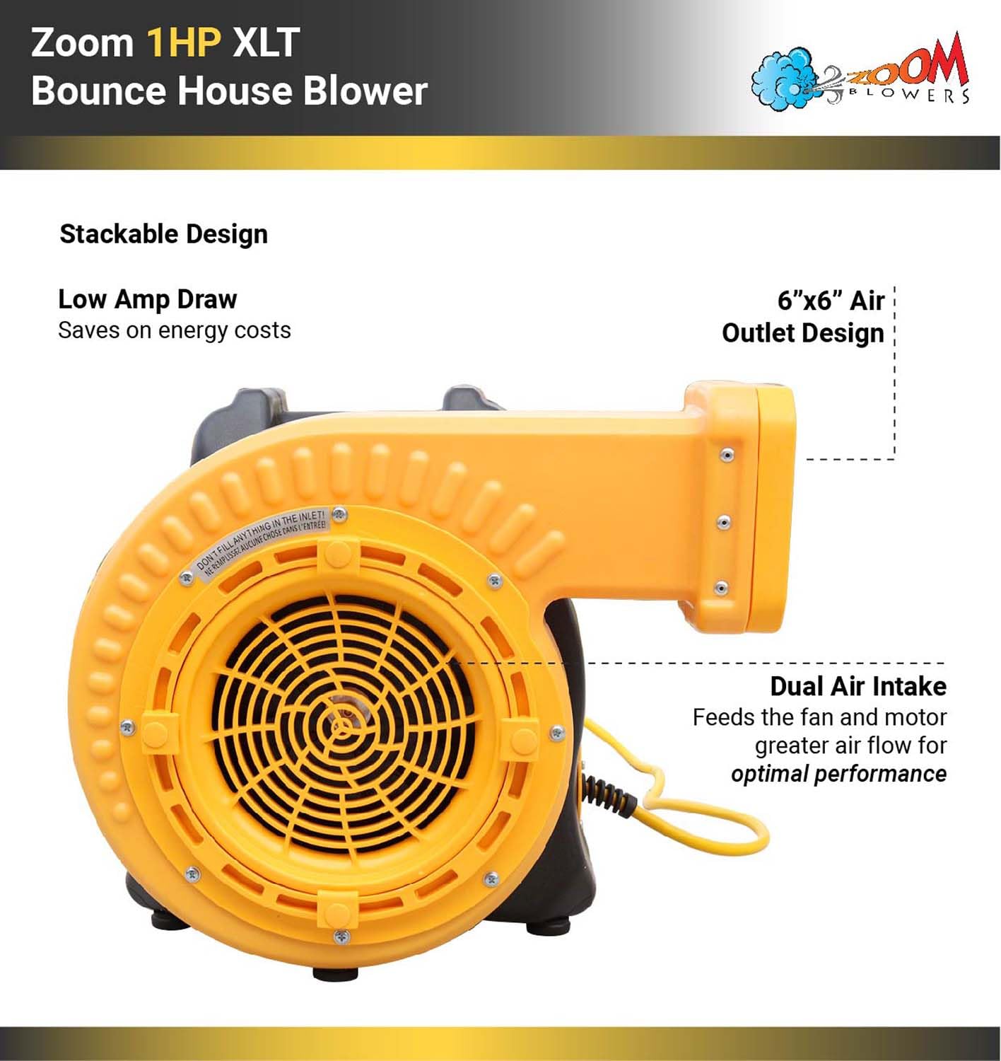 Zoom Blowers XLT 1hp Inflatable Bounce House Blower Fan, Energy Efficient, Commercial Electric Low Amp Draw Air Blower for Inflatables, Water Slide, Bouncy House, or Obstacle Course for Kids