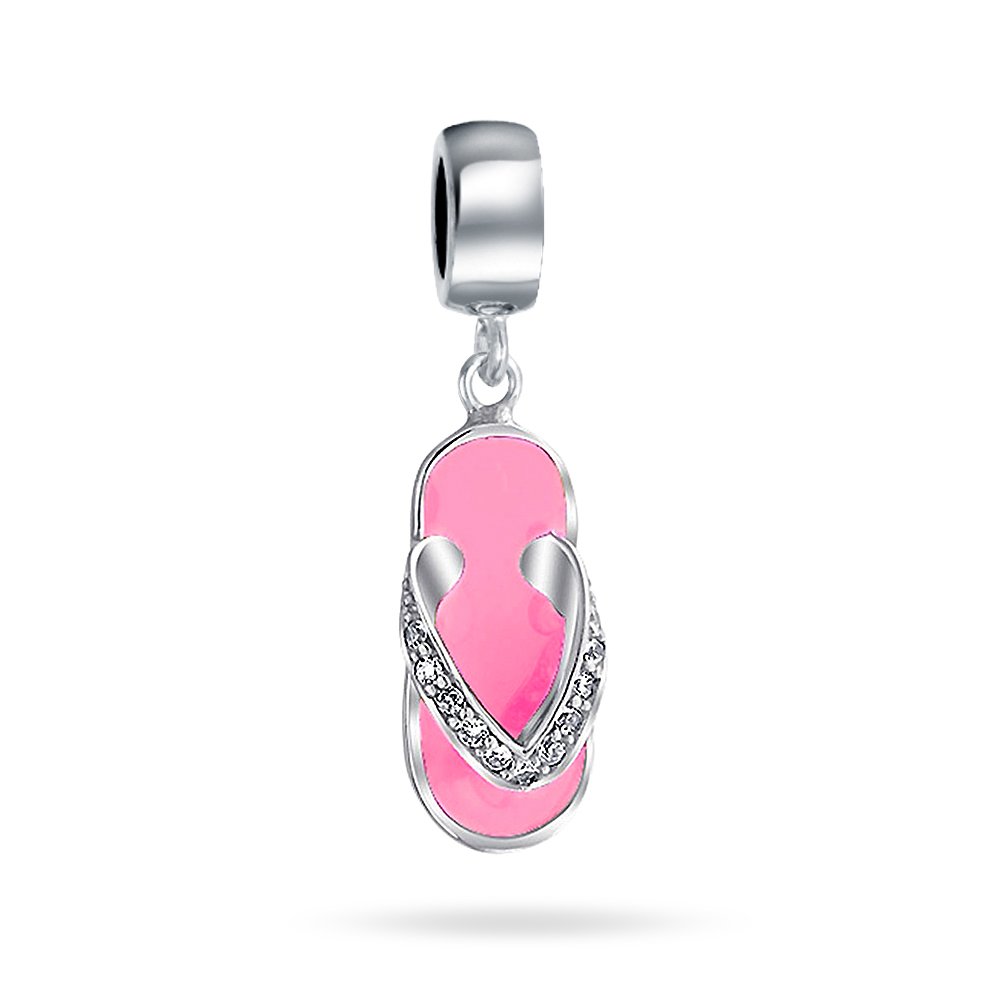 Vacation Flip Flop Sandal Pink CZ Dangle Travel Charm Bead For Women Sterling Silver Fits European Bracelet