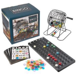 royal bingo supplies deluxe bingo game + free expansion set 50 premium cards, 300 vibrant chips, 75 calling balls, 6” bingo cage - premium bingo set for large groups and parties