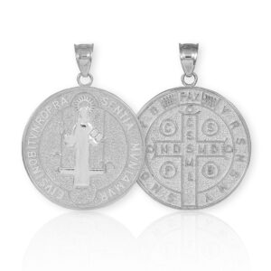 solid 14k white gold saint benedict medal protection charm pendant, 23.6 diameter