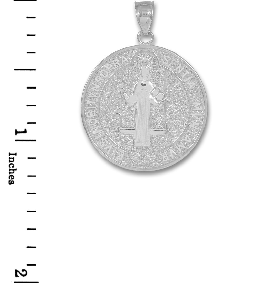 Solid 14k White Gold Saint Benedict Medal Protection Charm Pendant, 23.6 Diameter