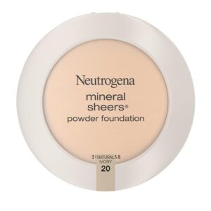 neutrogena mineral sheers compact powder foundation, lightweight & oil-free mineral foundation, fragrance-free, natural ivory 20,.34 oz (pack of 2)