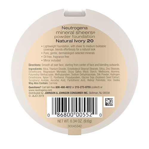 Neutrogena Mineral Sheers Compact Powder Foundation, Lightweight & Oil-Free Mineral Foundation, Fragrance-Free, Natural Ivory 20,.34 oz (Pack of 2)