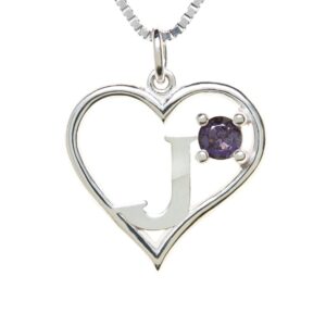 Arbach’s Icy Jewelry - Sterling Silver Box Chain Personalized Birthstone Pendant Statement Necklace - Heart & Letter (J)