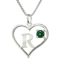 arbach’s icy jewelry - sterling silver box chain personalized birthstone pendant statement necklace - heart & letter (r)