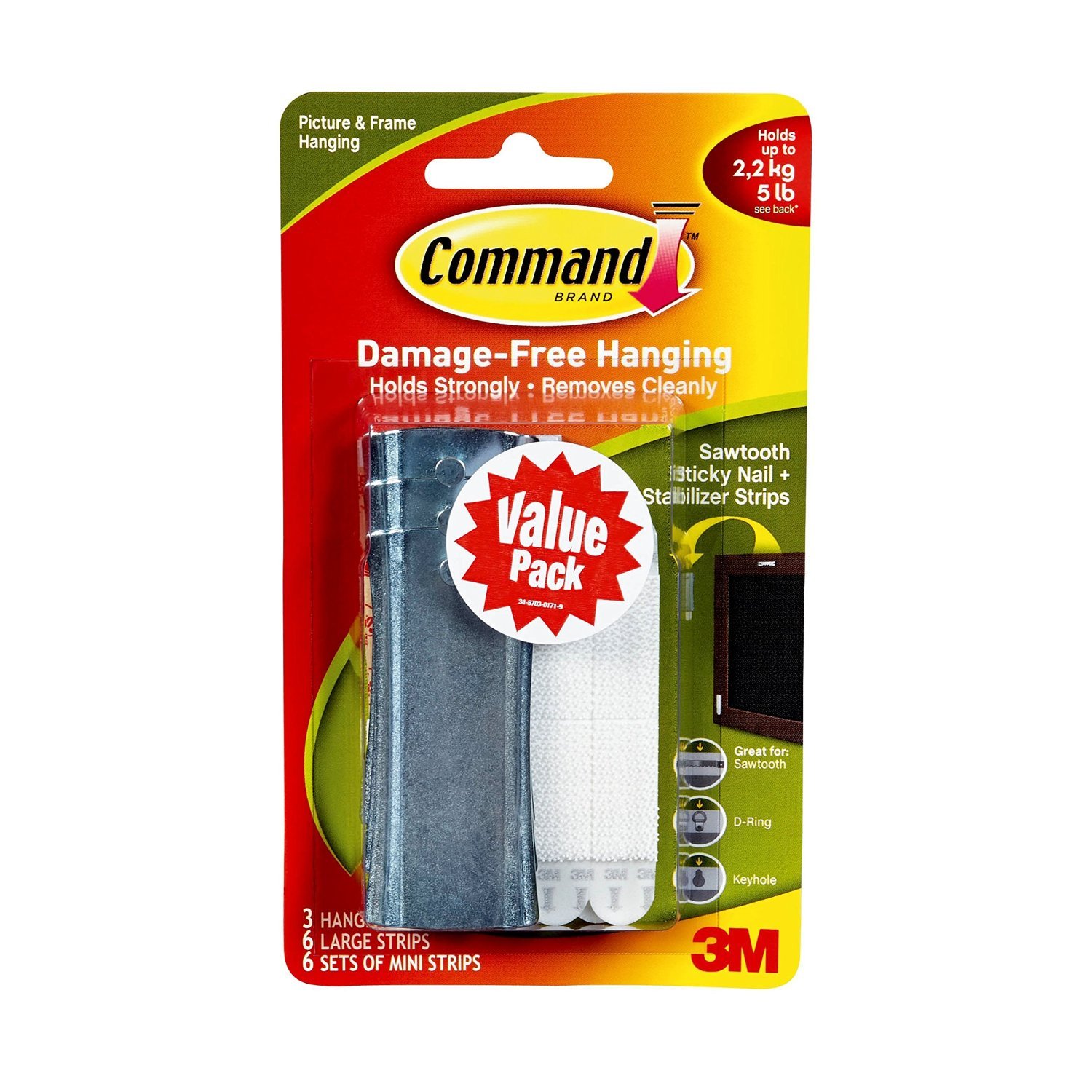 Command Sticky Nail Sawtooth Hanger, 5-Pound, -3 Pack