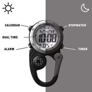 Dakota Digital Backpacker Clip Watch, Alarm, Stopwatch, Timer and Dual Time, Outdoor Gifts for Men and Women, Tactical Digital Watch