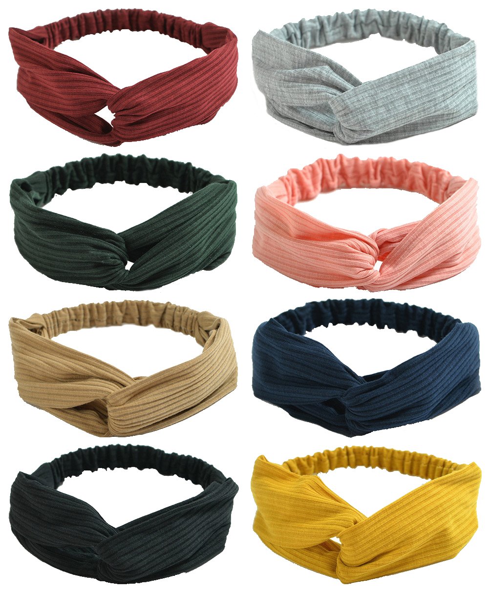 QandSweet Women and Little Girl's Stretchy Headbands Teens Cross Hairband for Fashion Shampoo Sports 8 Pack (8 Colors, Girl Head 40-52CM)