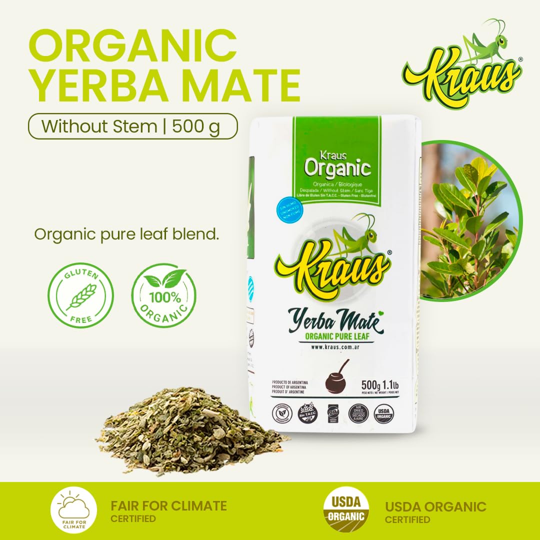 KRAUS Organic Yerba Mate | Pure Leaf | unsmoked | Authentic Flavor | USDA | 100% Organic | 1.1 LB / 500 g / 17.6 oz