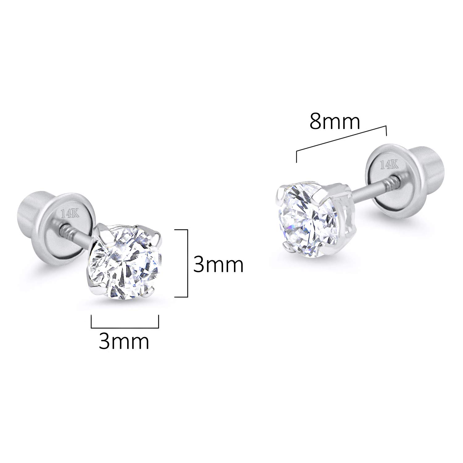 14k White Gold 3mm Basket Round Solitaire Cubic Zirconia Children Screw Back Baby Girls Earrings